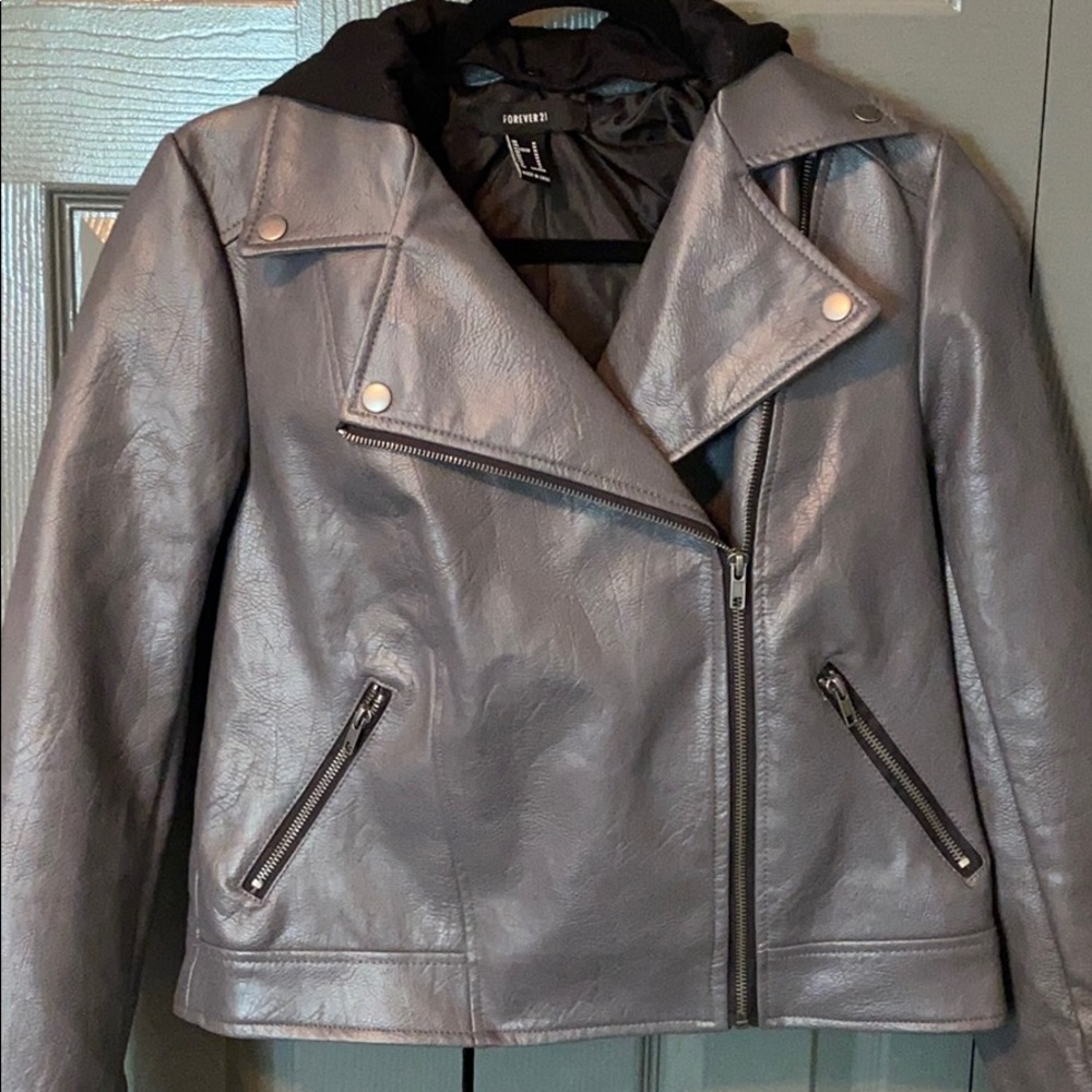 Leather hooded jacket